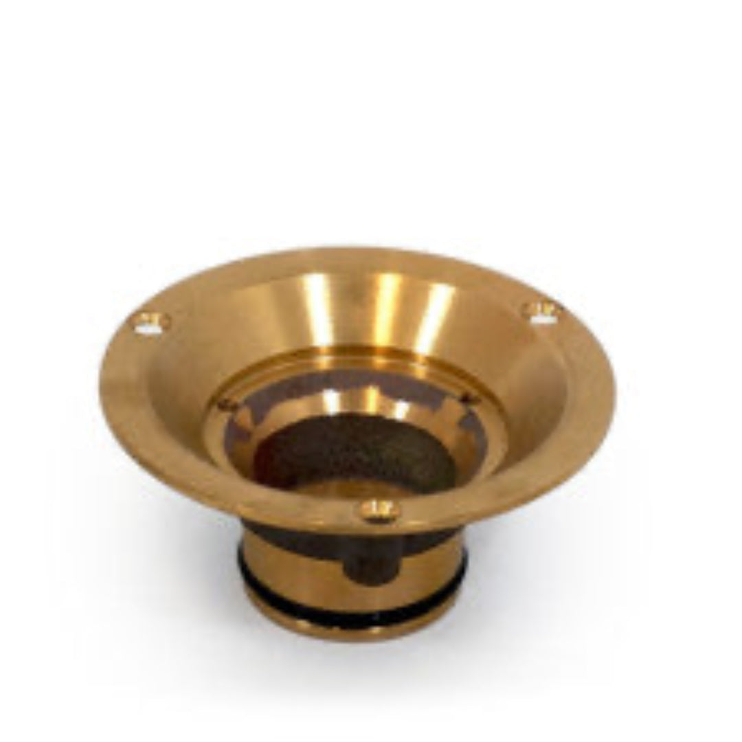A set of four cast bronze vinyl flanges with a polished brass finish, designed for use in showers, floors, and roofs.