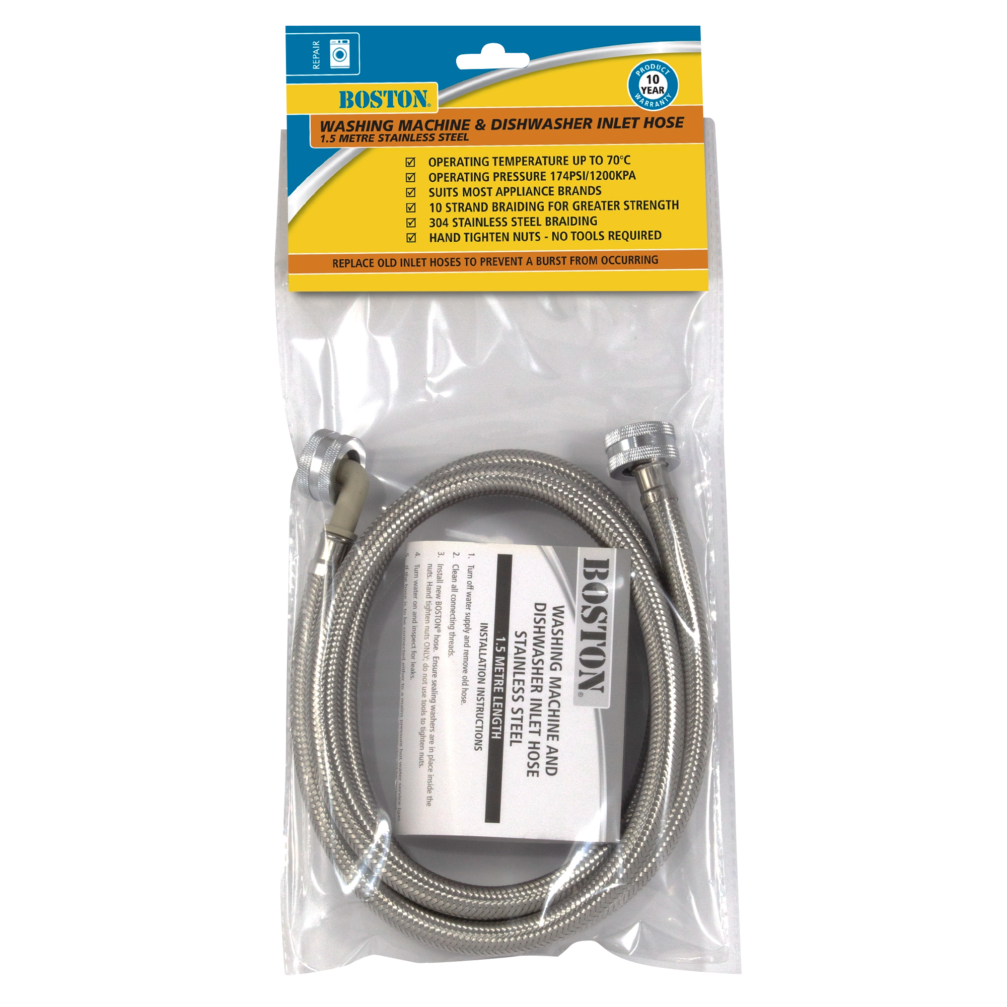 Washing Machine & Dishwasher Hose Stainless Steel 1.5m