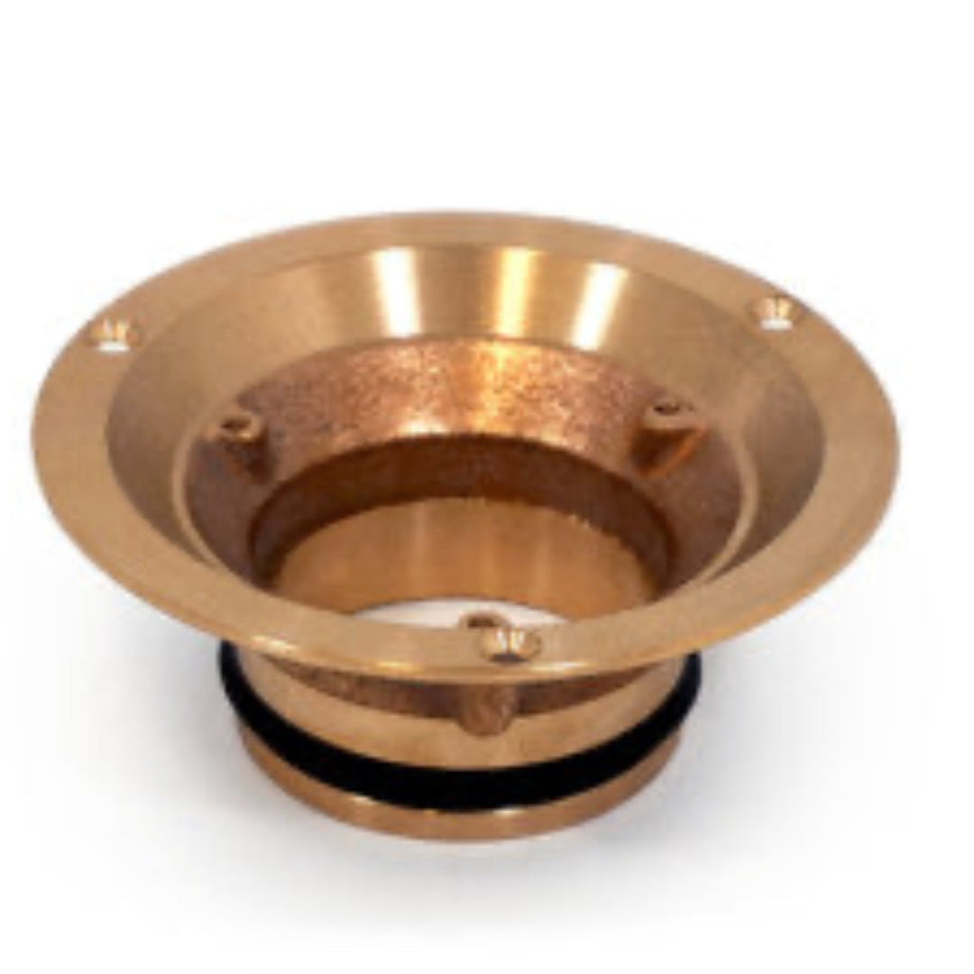 A set of four cast bronze vinyl flanges with a polished brass finish, designed for use in showers, floors, and roofs.