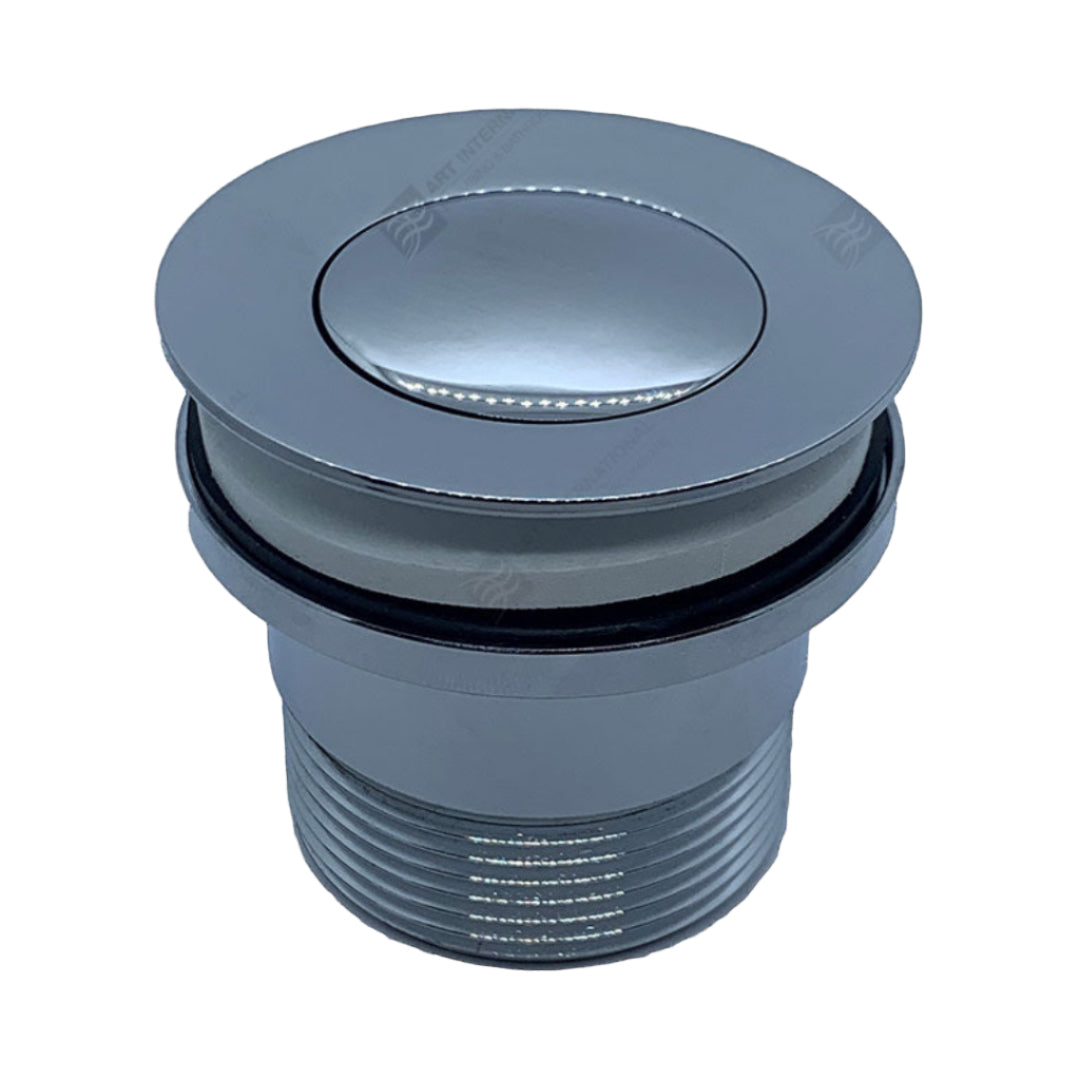 A silver colored pop-up plug and waste for a bath or basin.