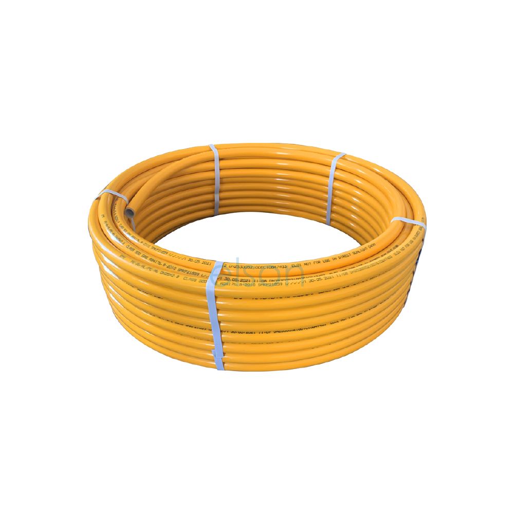 A coil of yellow PEX plumbing pipe wrapped in a spiral pattern.