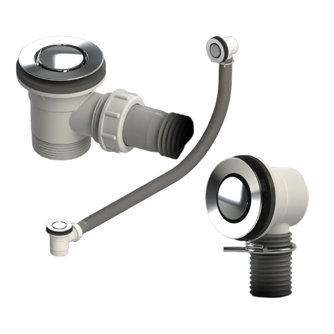 A set of silver-colored bath pop down plugs and wastes with external overflow, displayed against a black background.