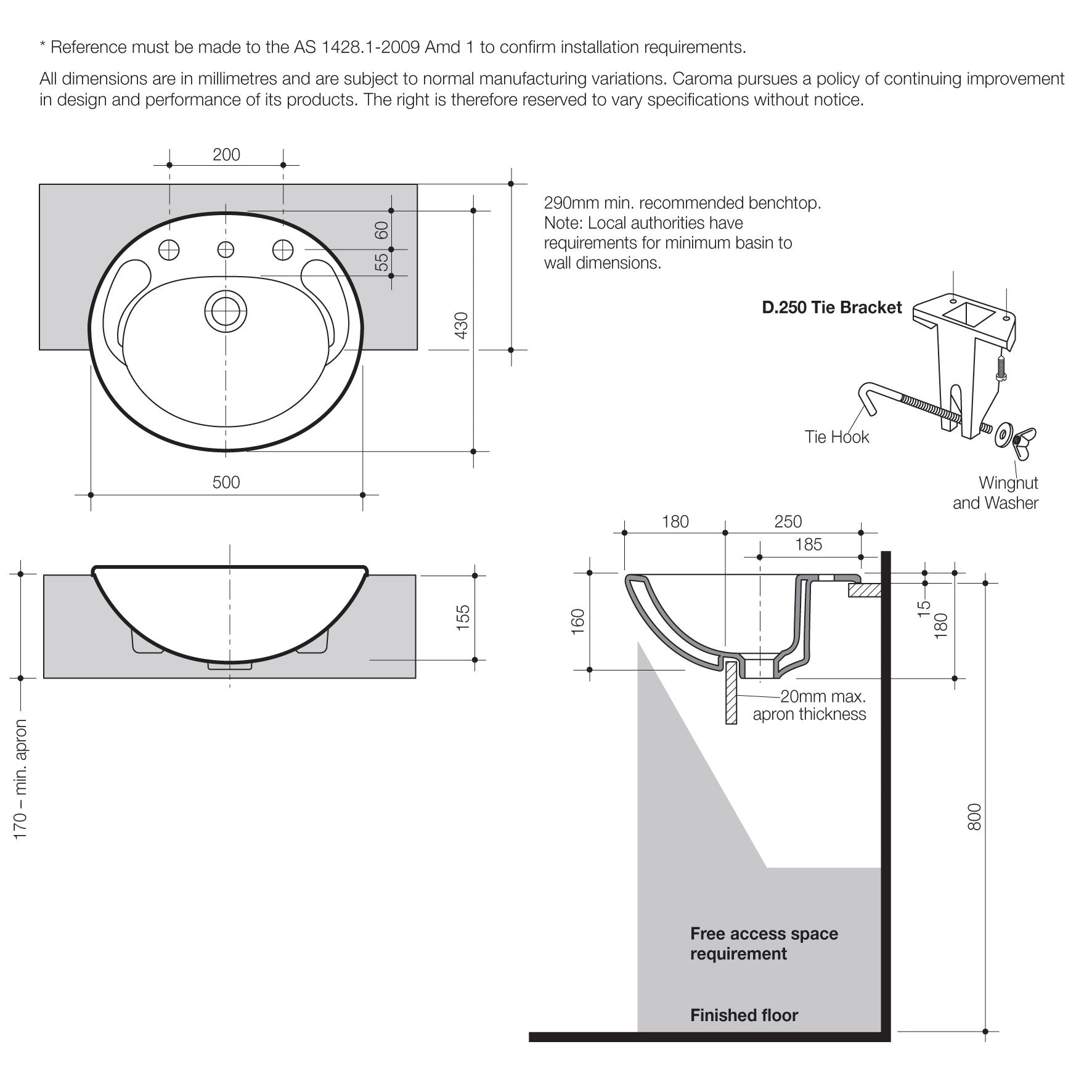 Concorde 500 Semi Recessed Basin - 3TH
