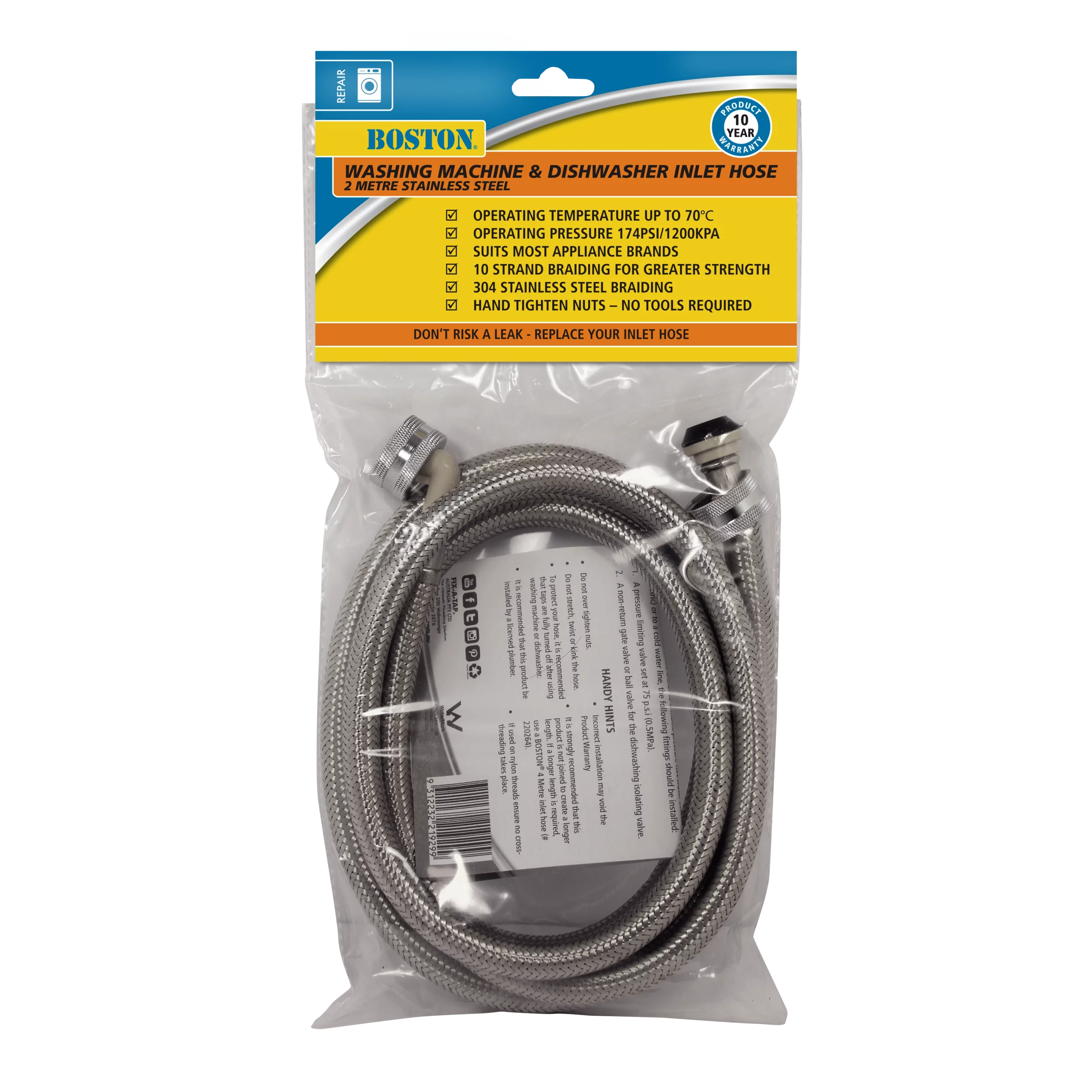 Washing Machine & Dishwasher Inlet Hose Stainless Steel 2m