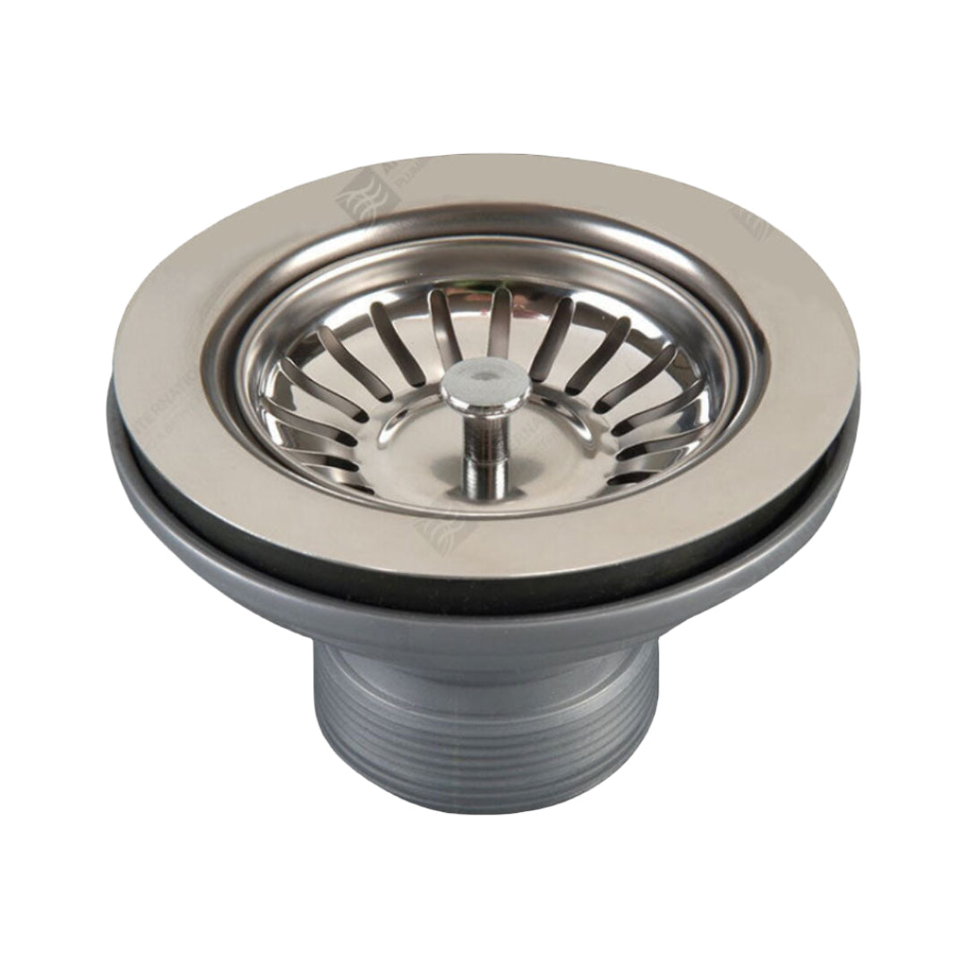 A stainless steel basket waste for plumbing fixtures, featuring a round wash basin with a central drain and a screw-in attachment method.