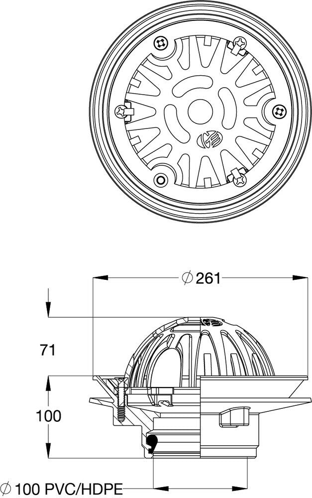 DI Domed Vertical Rain Water Outlet (with Membrane and Clamp Ring) 100PVC/HDPE