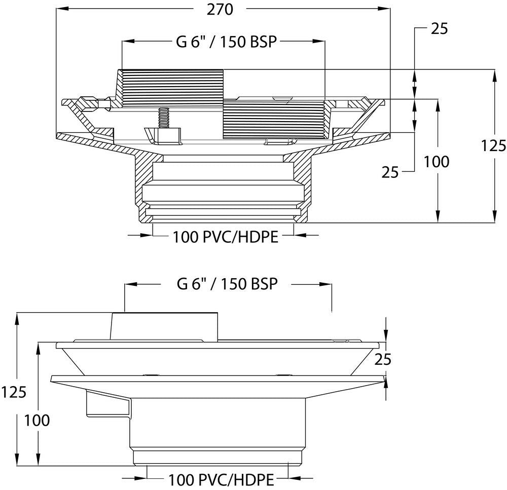 DI Vertical Drain 100 PVC with 150 BSP Reversible Clamp Ring