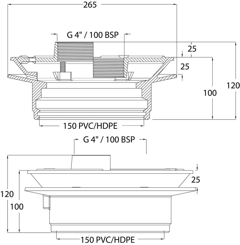 DI Vertical Drain 150 PVC with 100 BSP Reversible Clamp Ring