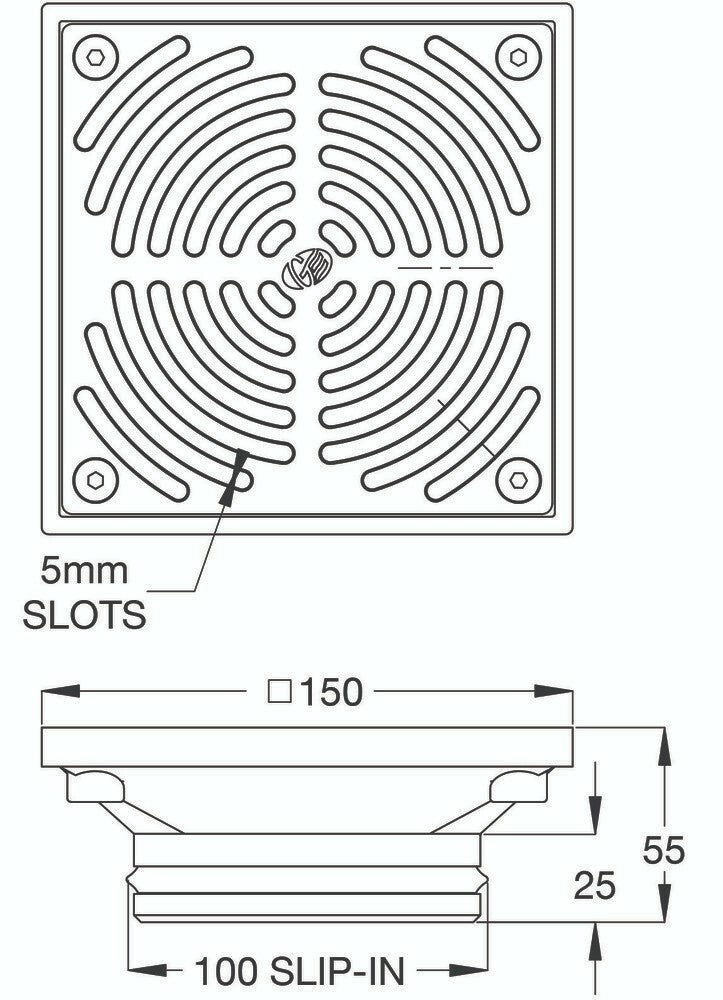 HeelGrate® Stainless Steel Floor Drain Grate Square 150x100 PVC/HDPE/CU Slip-In