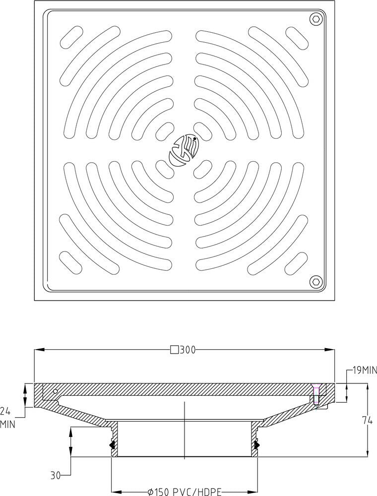 Stainless Steel Floor Drain Grate Square 300 x 150 PVC/HDPE Slip-In