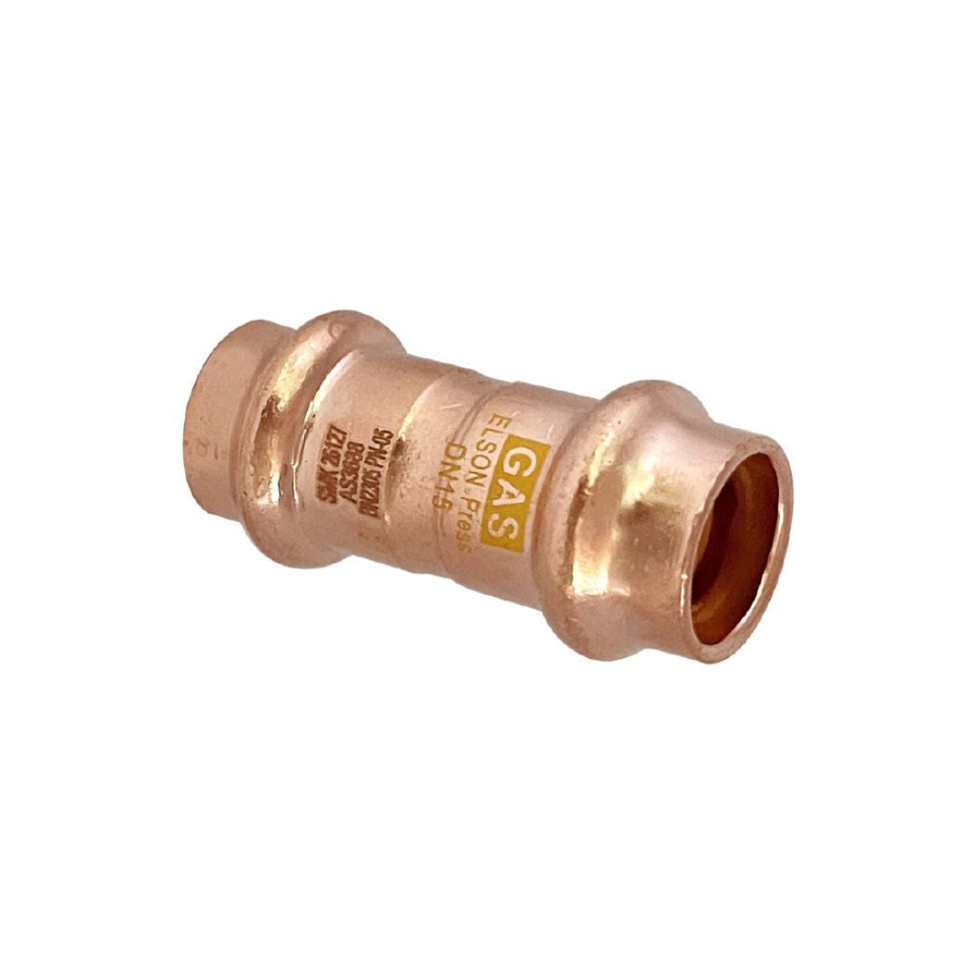 A copper press gas coupling fitting, with visible markings and certification information.