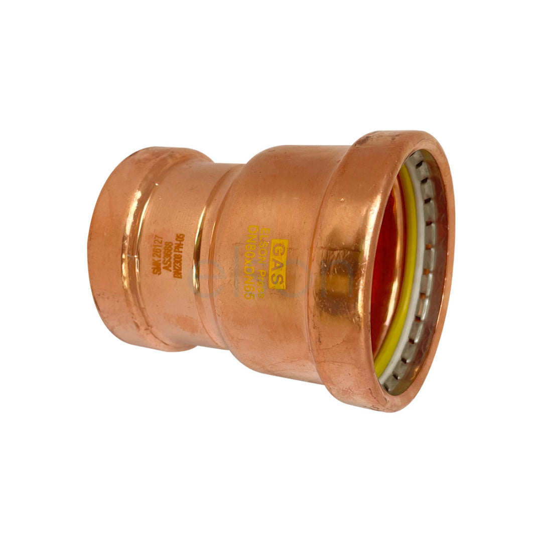 Copper pipe fitting with 'Gas' marking on a white background