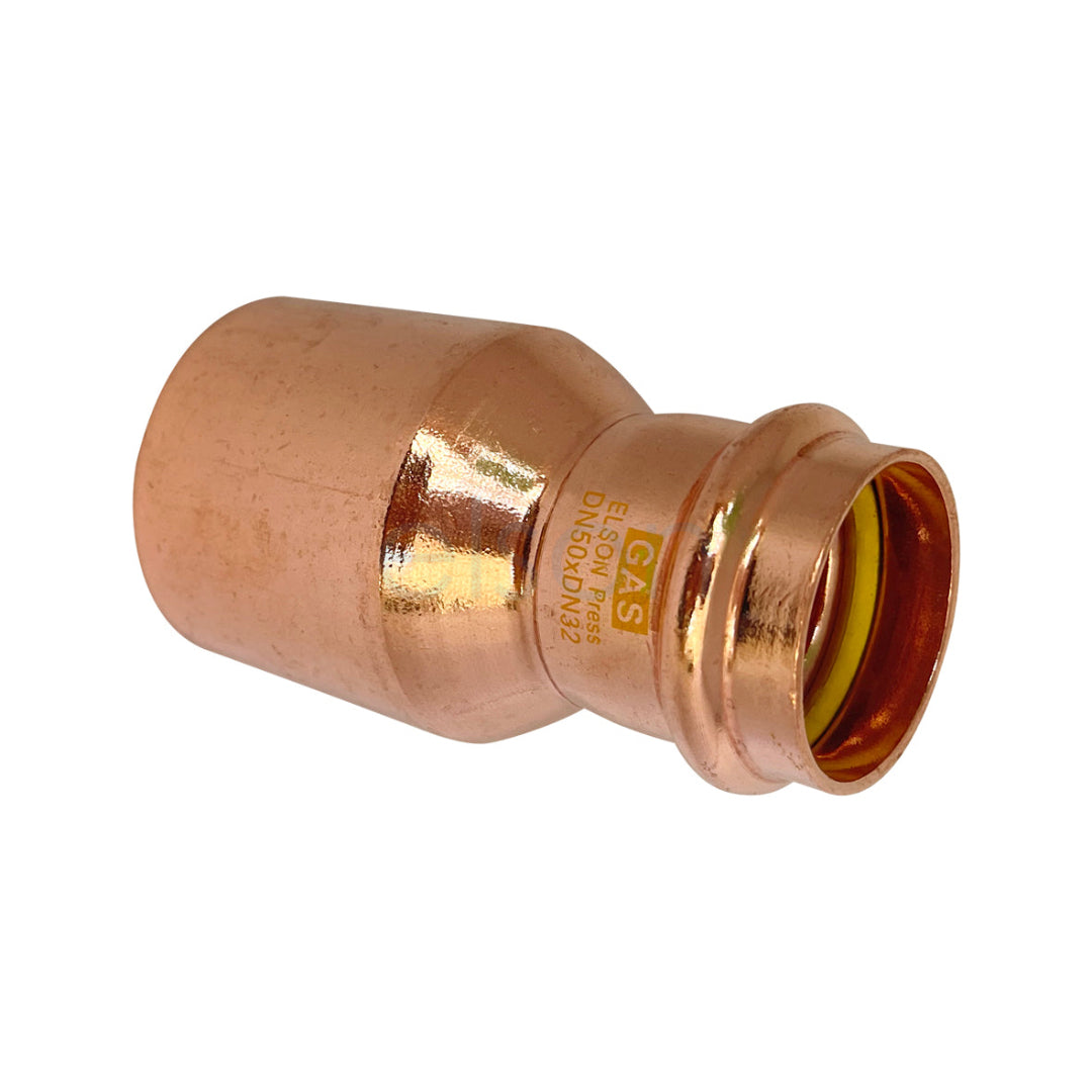 Copper pipe fitting with 'Gas' marking on a white background