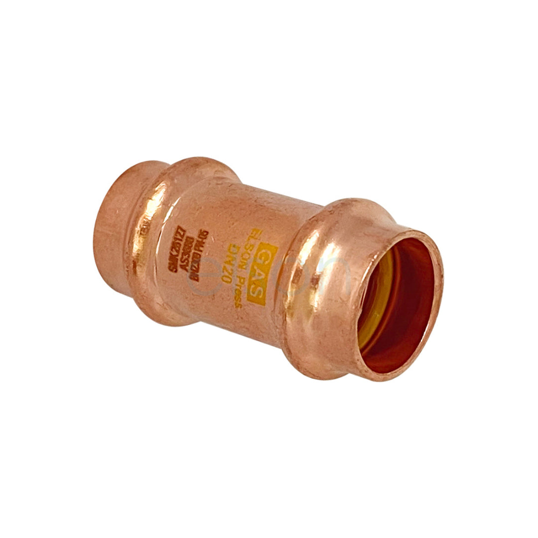 Copper pipe fitting with 'Gas' label on a white background
