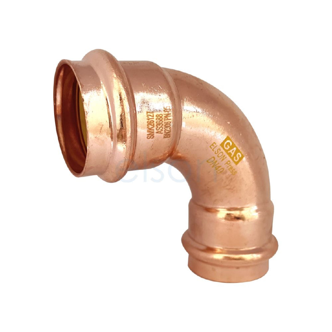 Copper pipe fitting with 'Gas' label on a white background