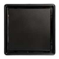 A stainless steel shower drain grate with a black base, designed for tiled floors.
