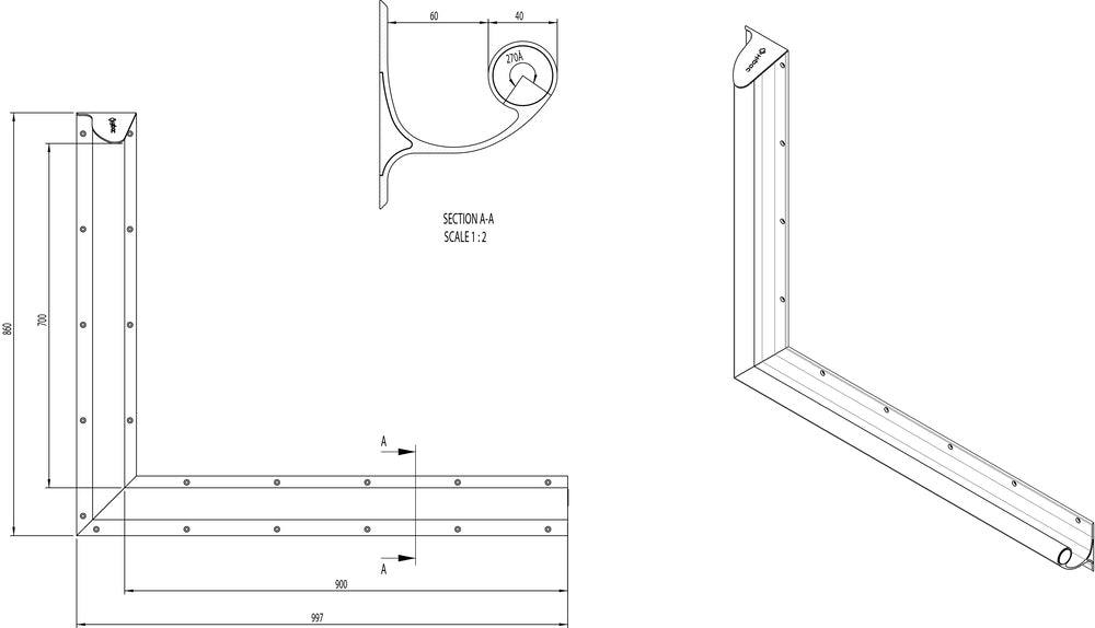 GalvinCare® Mental Health A/Ligature 90 deg Grab Rail 700x950mm Powder Coated - RH (Vert or Horiz)