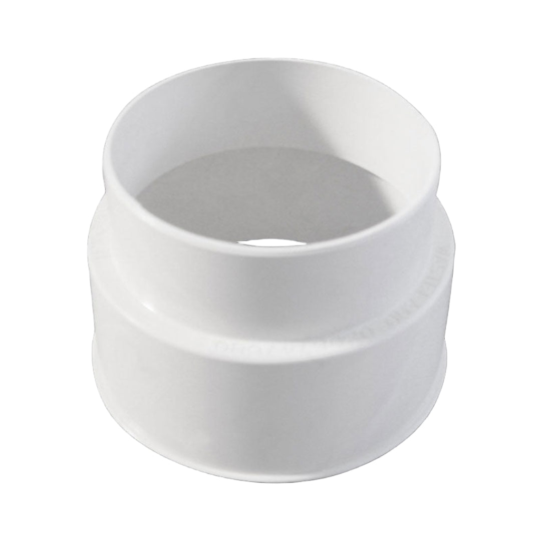 White plumbing coupling adaptor with a 90-degree elbow angle.