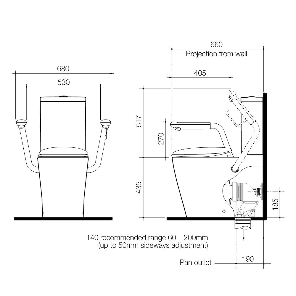 Care 660 Cleanflush Wall Faced Close Coupled Easy Height BE Suite with Nurse Call Armrests Left and Caravelle Double Flap Seat White - with GERMGARD®