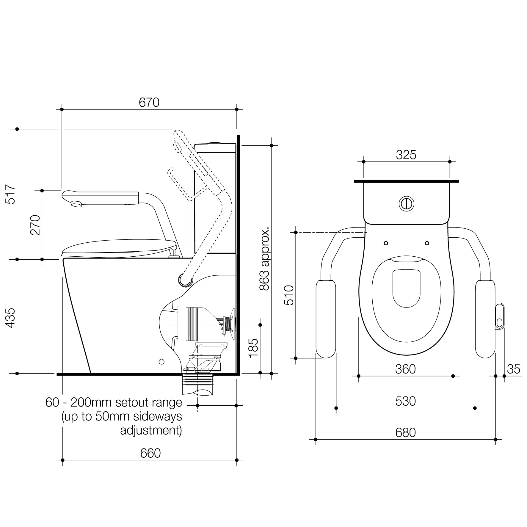 Care 660 Cleanflush Wall Faced Close Coupled Easy Height BI Suite with Nurse Call Armrests Right and Caravelle Double Flap Seat Anthracite Grey