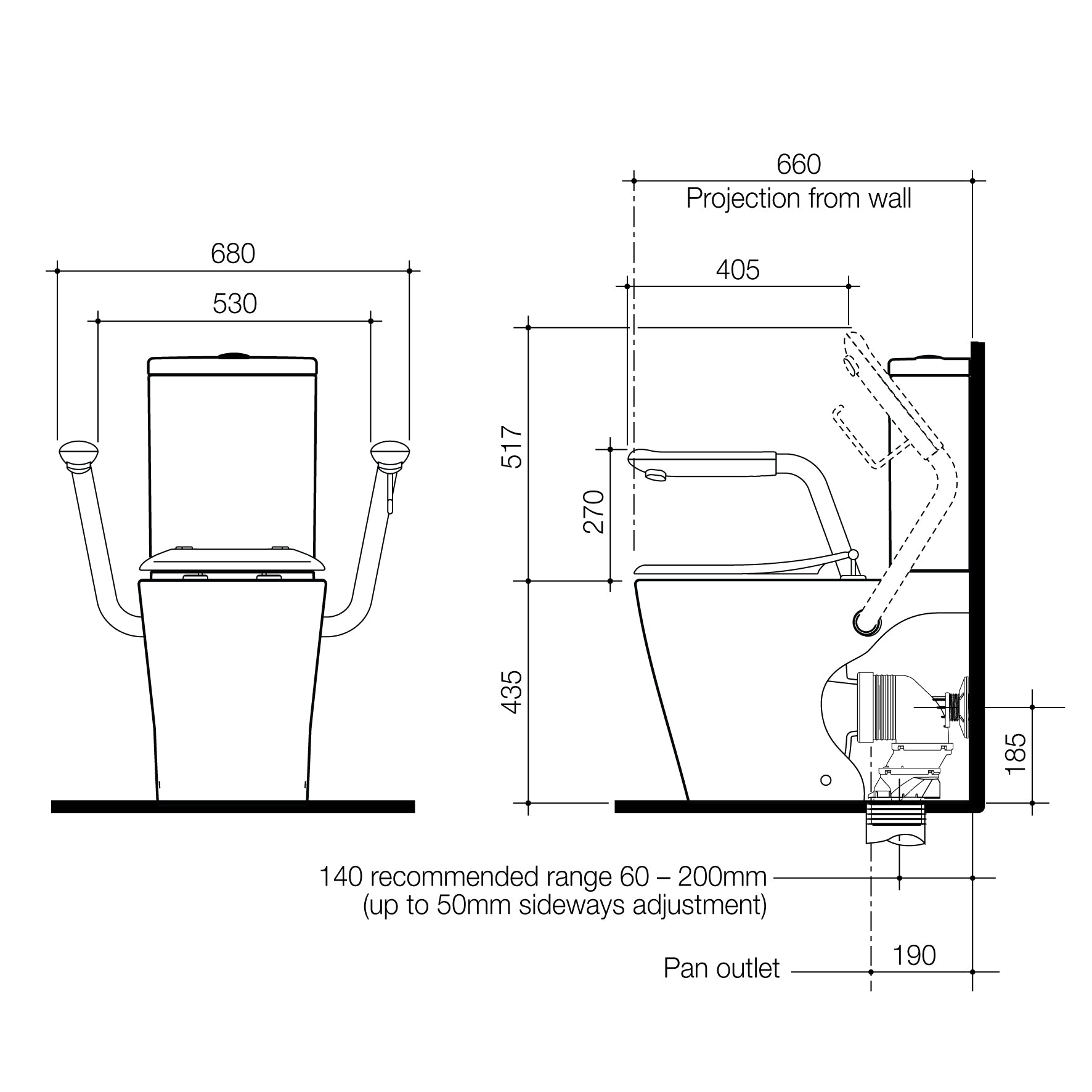 Care 660 Cleanflush Wall Faced Close Coupled Easy Height BI Suite with Armrest Mounting Kit - with GermGard®