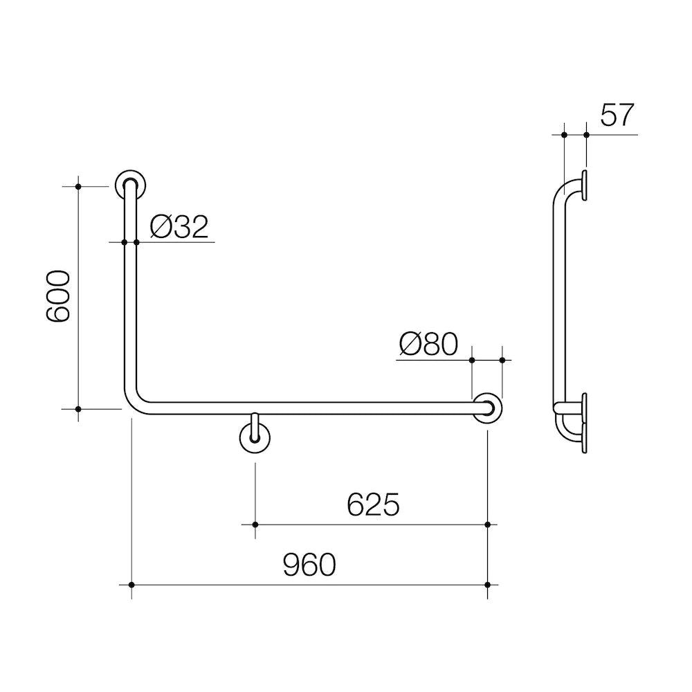 Care Support Grab Rail - 90 Degree Angled 960x600 RH - Stainless Steel