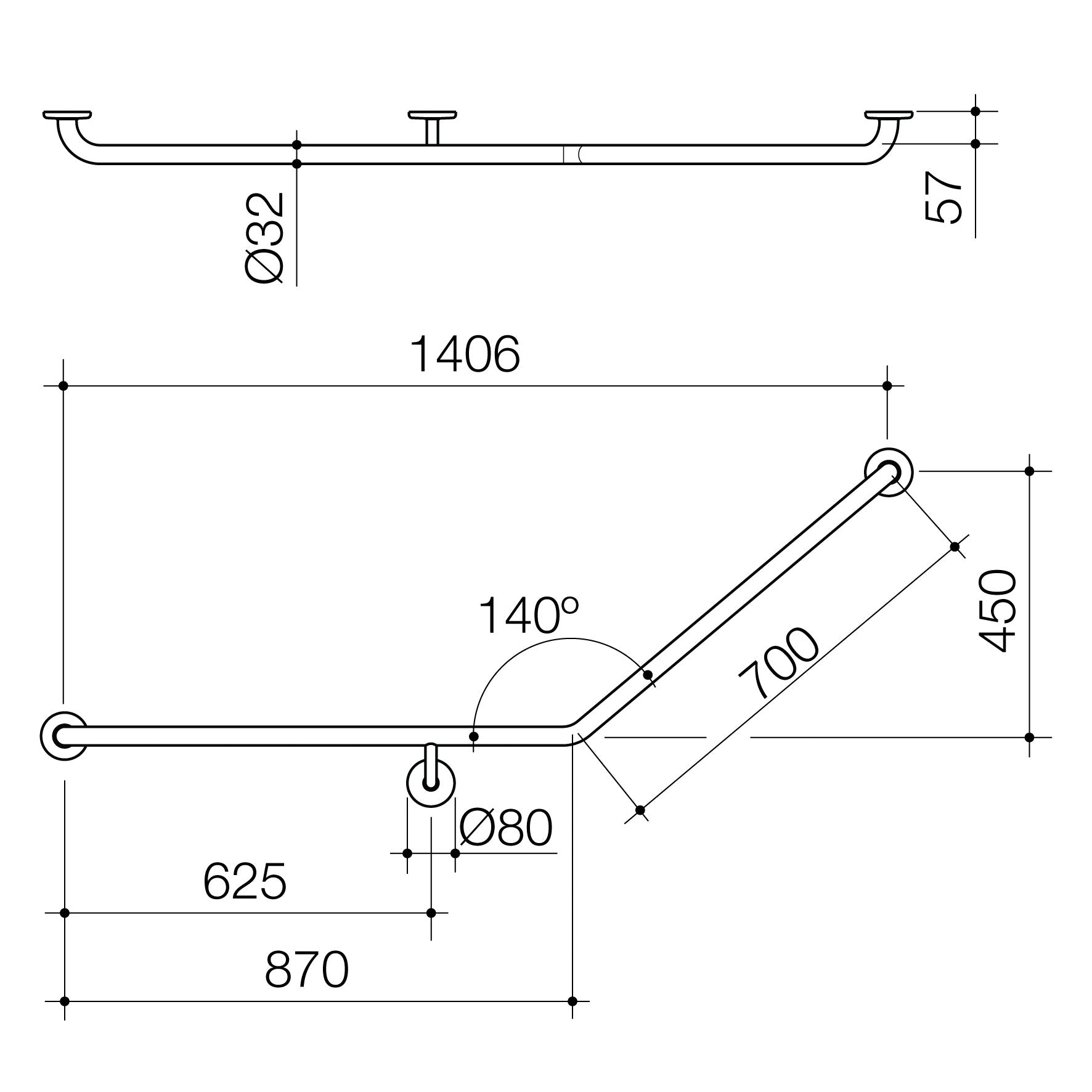 Care Support Grab Rail - 140 Degree Angled 870x700 LH - Matte Black