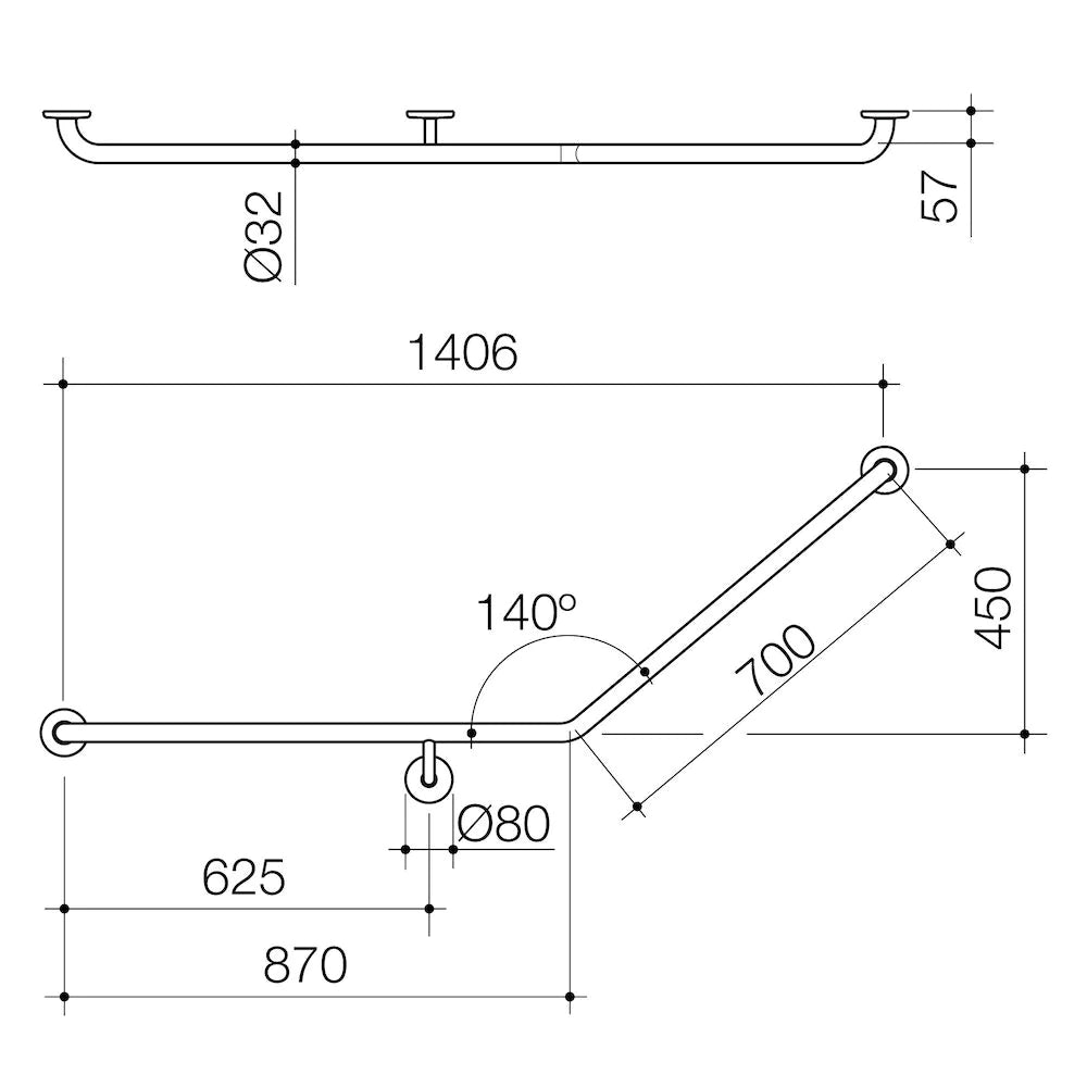 Care Support Grab Rail - 140 Degree Angled 870x700 LH - Stainless Steel