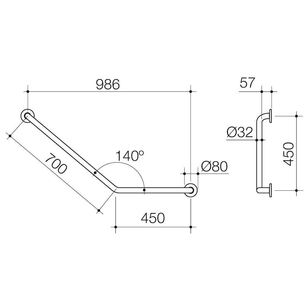 Care Support Grab Rail - 140 Degree Angled 450x700 RH - Stainless Steel