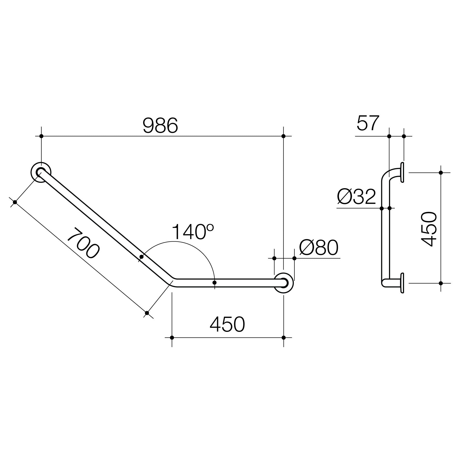 Care Support Grab Rail - 140 Degree Angled 450x700 LH - Matte Black
