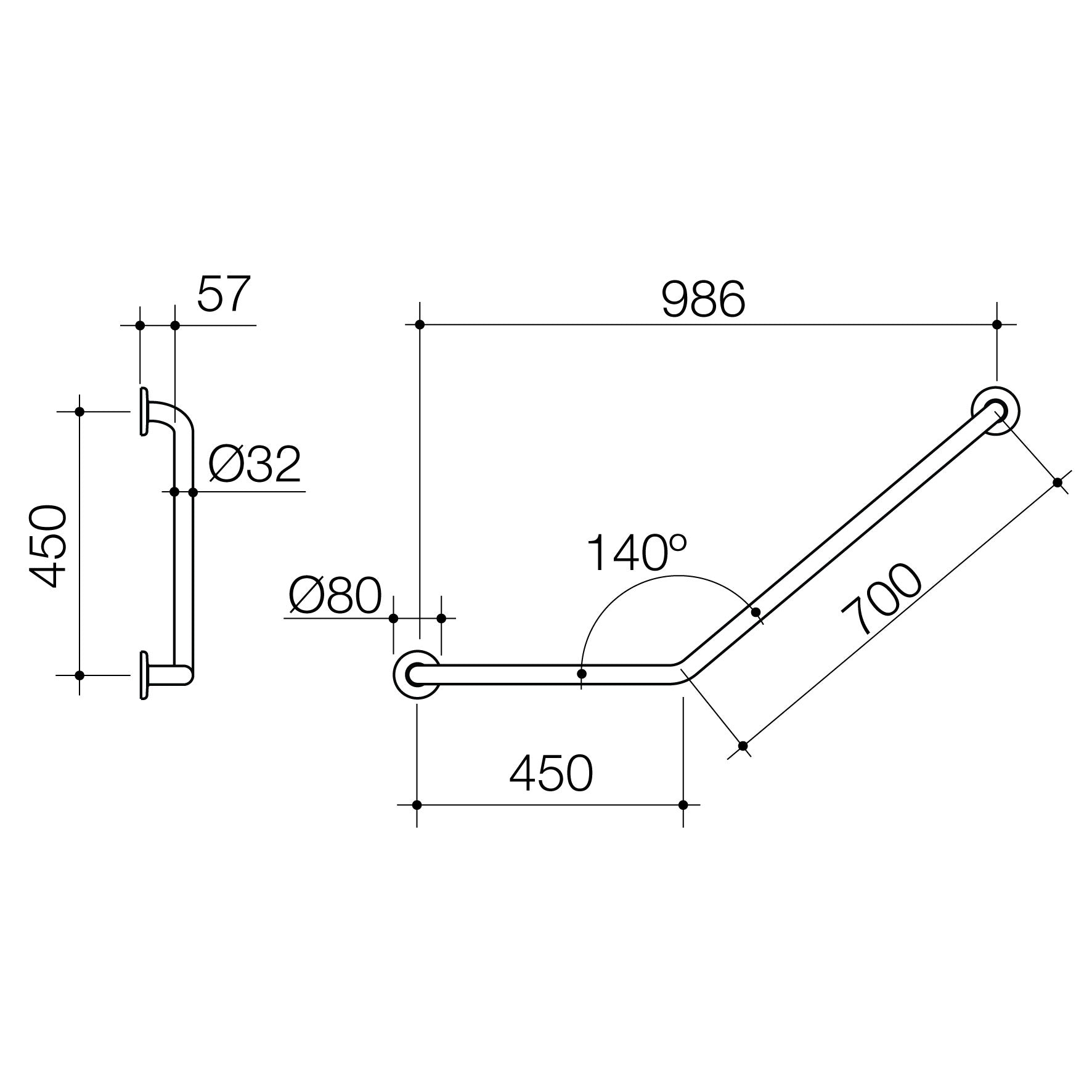 Care Support Grab Rail - 140 Degree Angled 450x700 LH - Matte Black