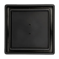 A black tile insert drain cover with a stainless steel edge and a square opening in the center.