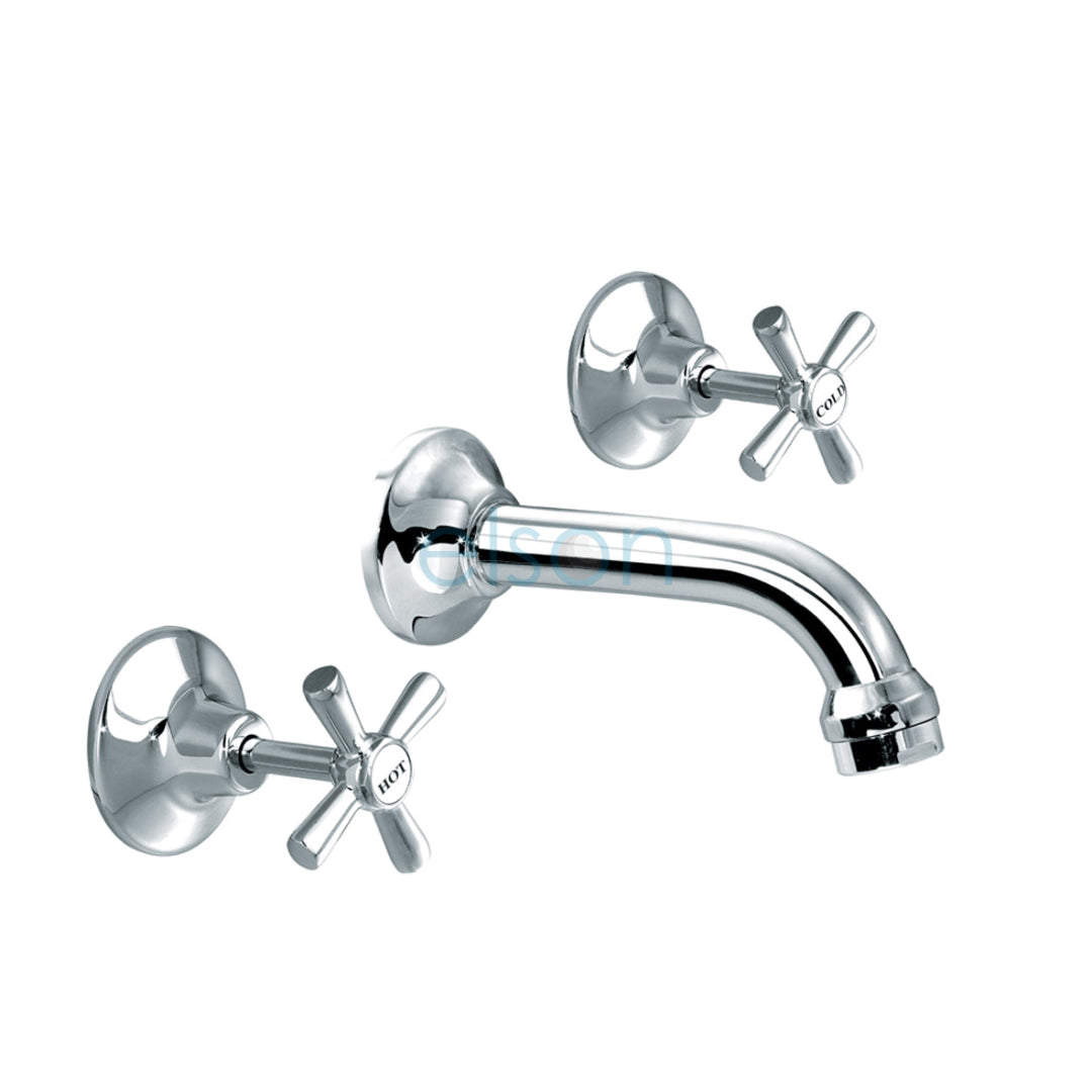 Chrome bath set including a wall-mounted faucet and two handles with a cross design, reflecting a shiny metallic finish.