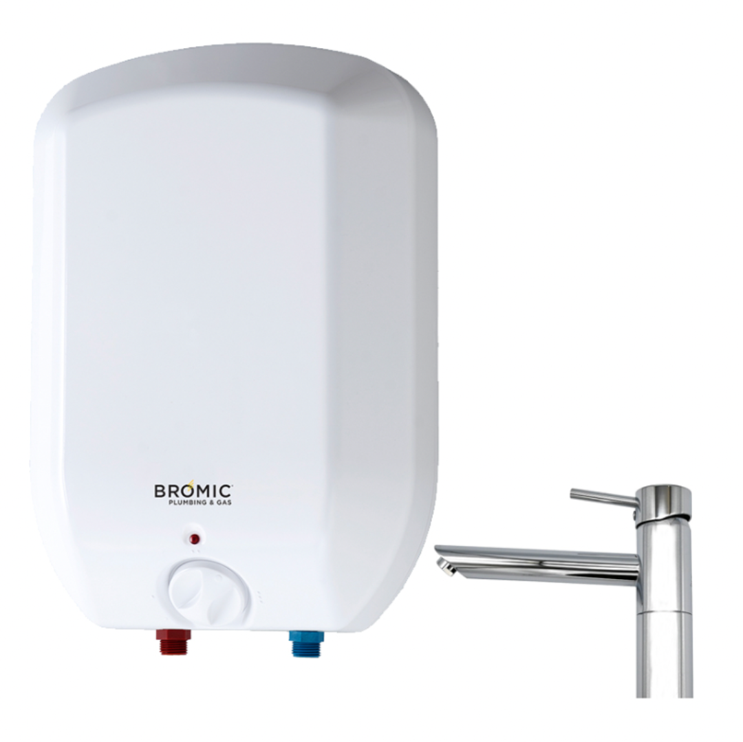 A white electric storage water heater with a chrome mixer tap.