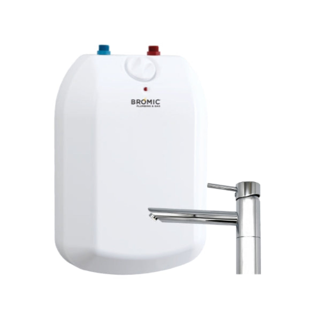 Compact white electric water heater with chrome mixer tap, designed to be under sink mounted.