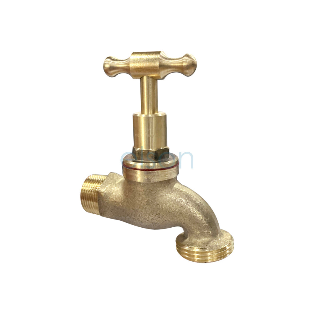 A 20mm brass T head male hose cock, also known as a garden tap, with a T-shaped head and a brass body.