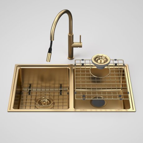 Urbane Ii Double Bowl Sink with Liano Ii Pull out Sink Mixer - Brushed Brass