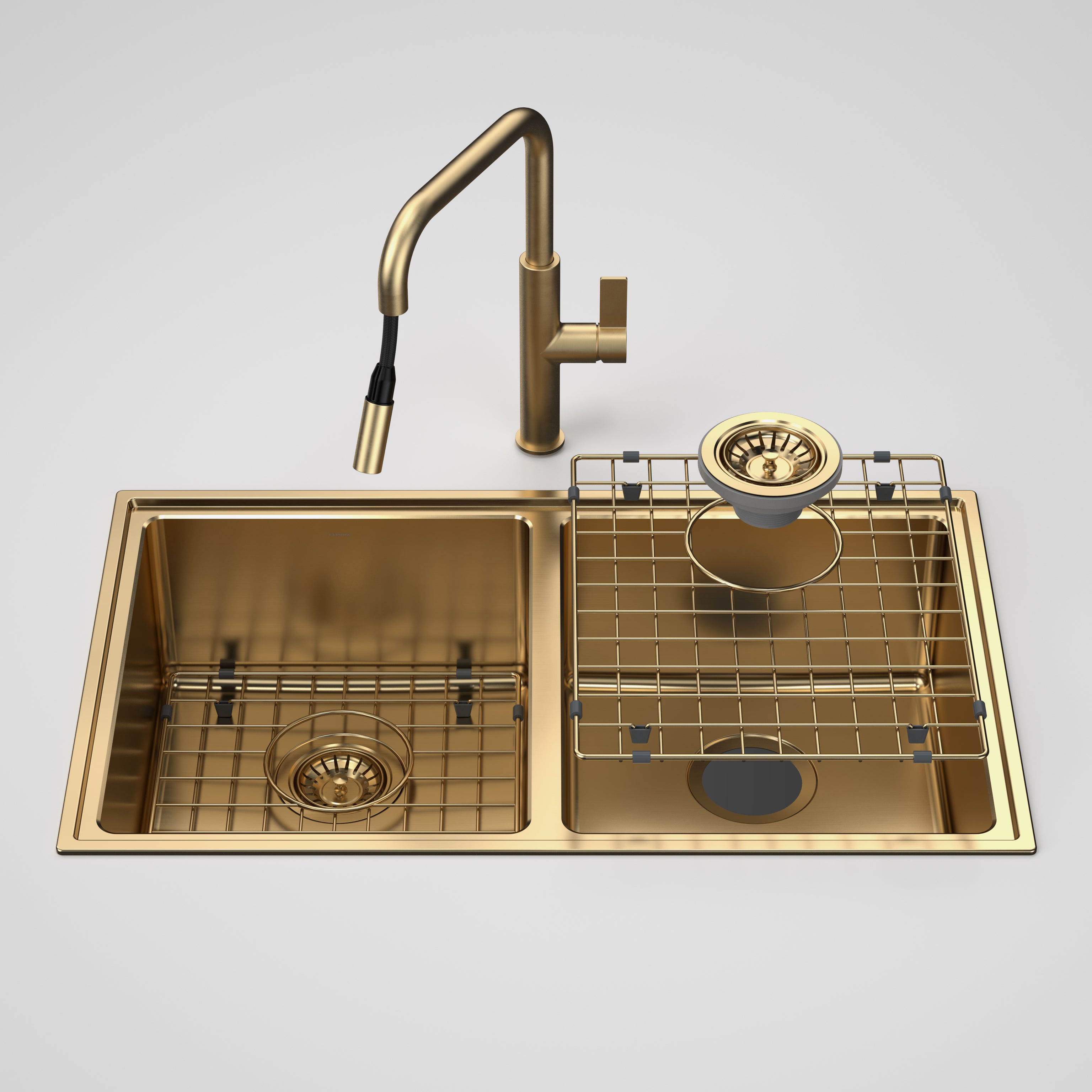Urbane II Double Bowl Sink with Urbane II - Pul l Out Sink Mixer - Brushed Brass