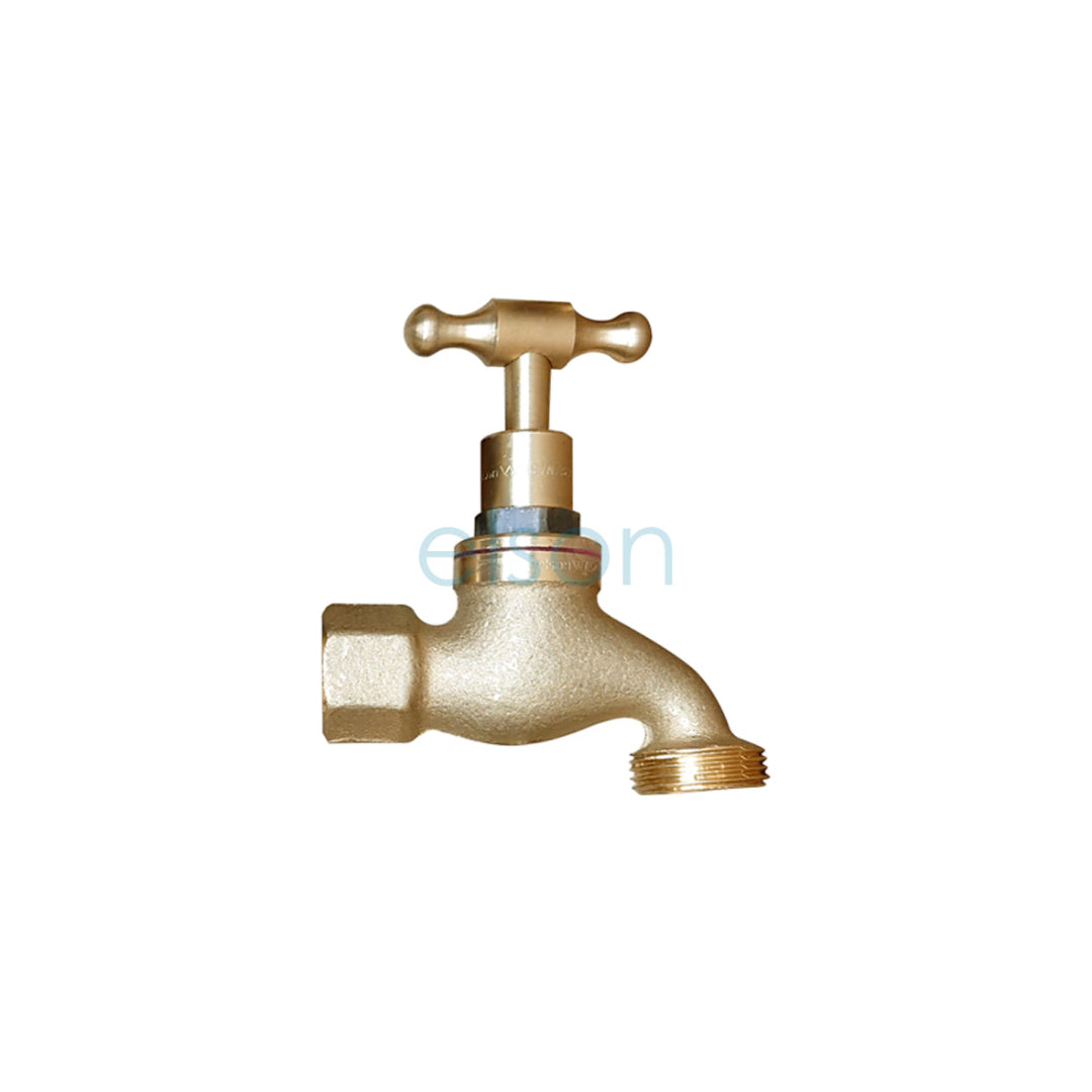 A gold-colored brass T head female hose cock and bib tap.