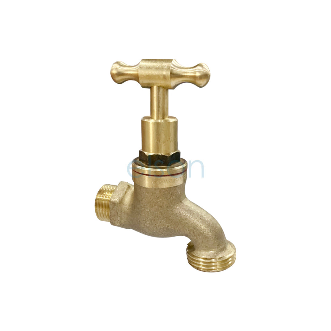 A gold bib tap on a white background