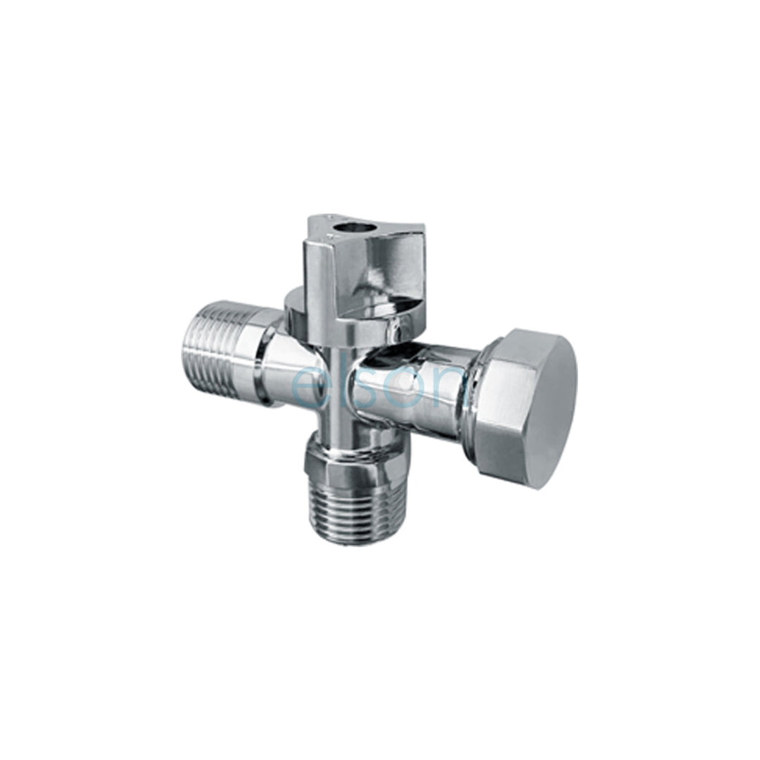 A silver-colored brass dual isolation stop with a loose nut and integrated non-return valve, featuring a chrome finish and a quarter-turn control stem.