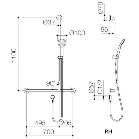 Care Support Accessible Shower Set with Inverted T Rail - RH - Chrome