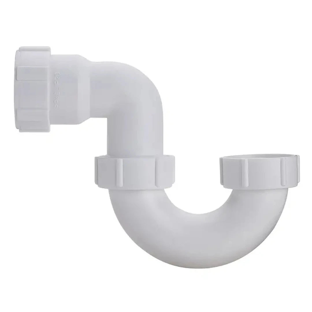 A white 40mm short P-trap plumbing fitting.