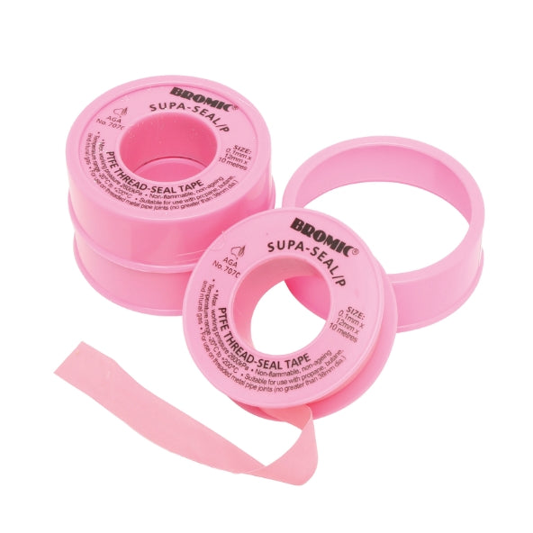 Rolls of pink P.T.F.E. thread seal tape with packaging, on a white background.