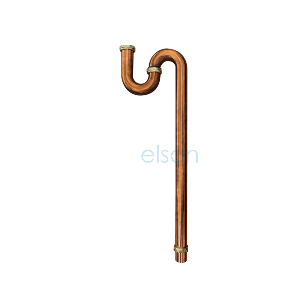 A copper finish S trap plumbing fixture with loose nuts on either end.