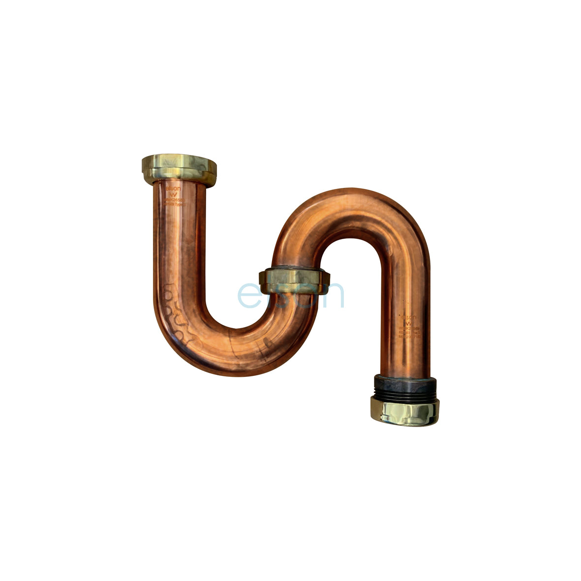 A copper finish S trap pipe typically used for plumbing.