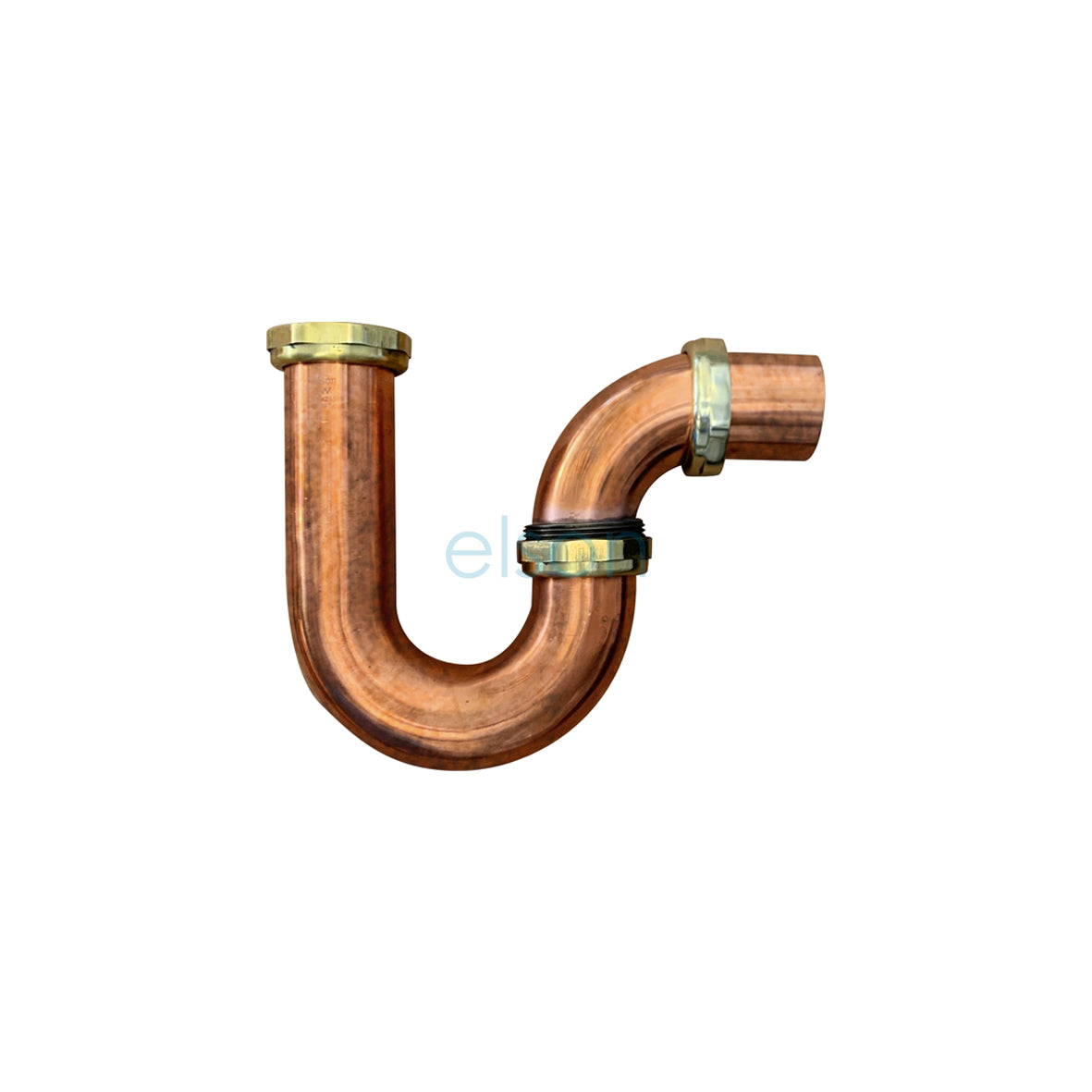 A 50mm copper finish plumbing trap with loose nuts.