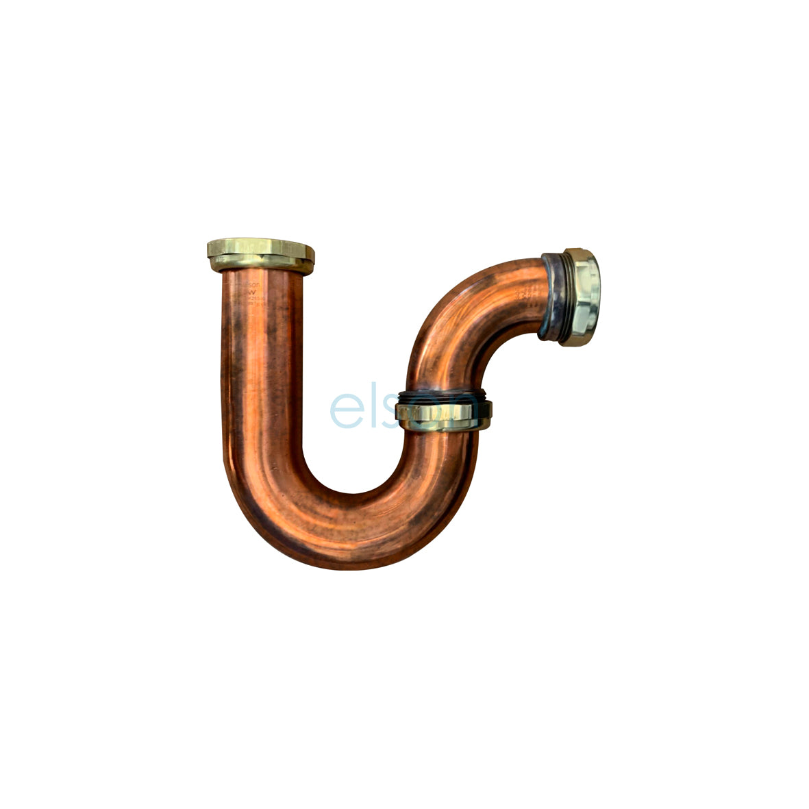 A copper finish S-trap plumbing fixture
