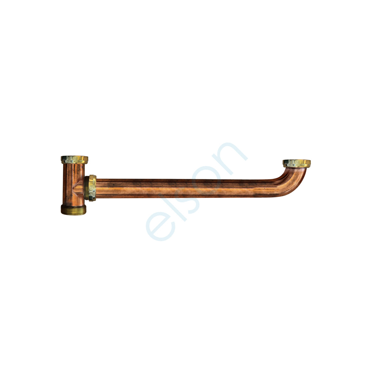 A copper double bowl connector with a copper finish, depicted on a plain background, used for plumbing purposes.