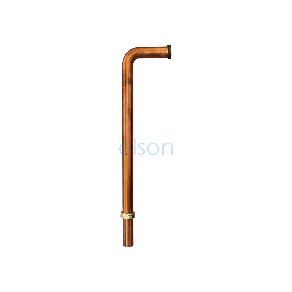 A copper finish pipe with a bend, showing the product's shape and material.